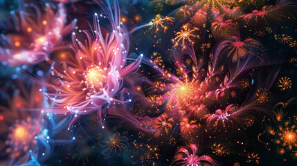 Sparkling fireworks creating intricate patterns like flowers blooming in the sky