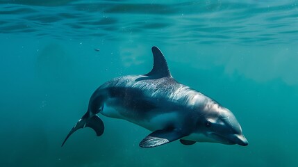 Fototapeta premium Yangtze finless porpoise swimming in a river, endangered species