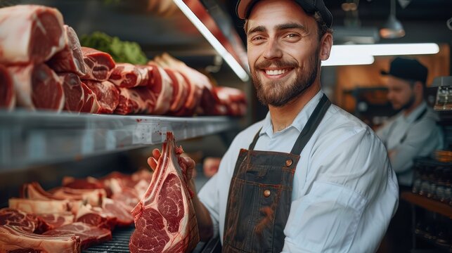 A friendly butcher wearing an apron holds up a cut of raw meat in the shop's fridge aisle. The display includes various meat cuts and fresh herbs, along with a visible colleague.