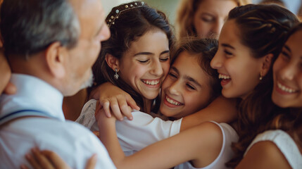 Family and friends gathered around, congratulating the Bar/Bat Mitzvah with smiles and hugs with copy space