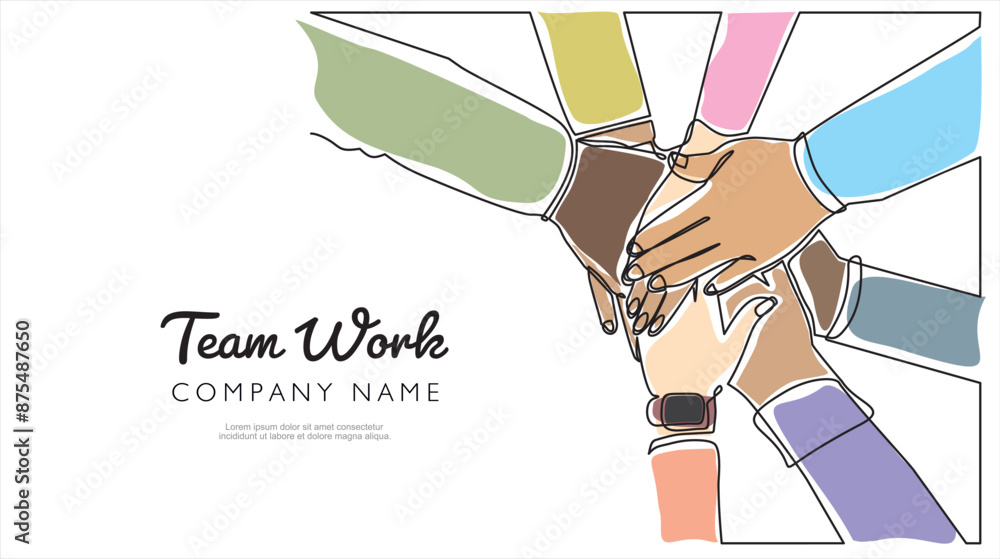 Poster continuous one line drawing of partners with stack of hands showing unity and teamwork, top view. ca
