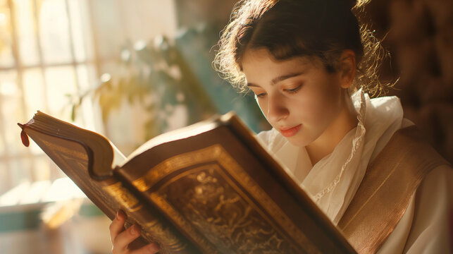 A young person reading from the Torah during their Bar/Bat Mitzvah ceremony with copy space
