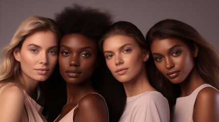 Obraz premium A diverse group of beautiful women with natural beauty and glowing smooth skin. Portrait of many attractive female fashion models with great skincare of all races, tones and style