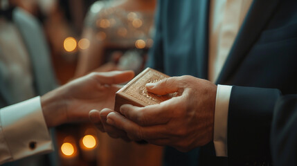 Obraz premium The celebrant receiving a special Bar/Bat Mitzvah gift, such as a piece of jewelry or a watch with copy space