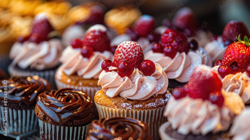 Poster a display of assorted cupcakes with generous toppings of fresh berries and buttercream frosting, pre
