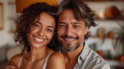 A smiling couple warmly embraces inside their cozy home, exuding happiness and strong emotional connection, captured in a personal and intimate setting.