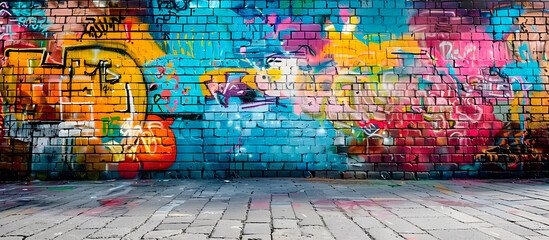 Image of a wall full of graffiti in a suburb or urban area. Generative Ai.