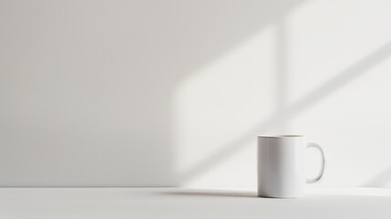 White ceramic mug on white surface with soft natural light casting shadows. Minimalist composition highlighting simplicity and elegance