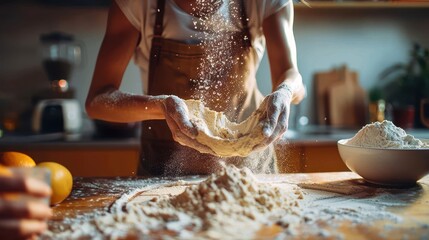 A close-up of a person preparing dough with flour in a rustic kitchen setting, capturing the moment flour is being sprinkled onto dough, emphasizing the art of homemade baking.