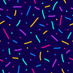 Confetti seamless vector pattern. Geometric kid style background with different geometric shapes. Memphis seamless confetti pattern. Bright and colorful, 90s style. Vector background