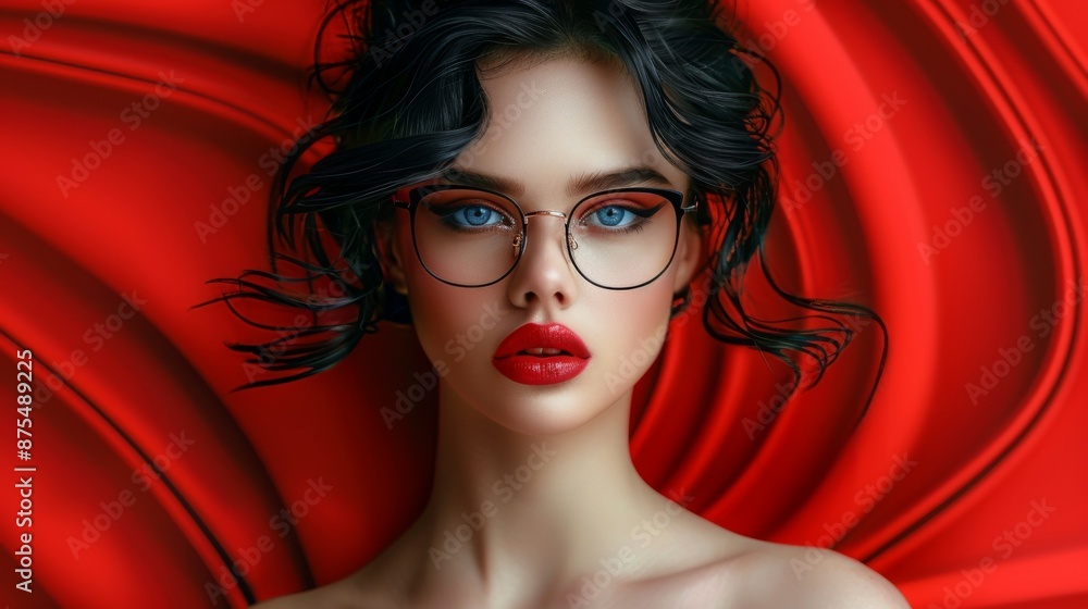 Wall mural A close-up of an elegant black-haired model with blue eyes, vibrant make-up and red lips, wearing large black glasses posing in front of a red background. Fashion make-up style photo shoot.