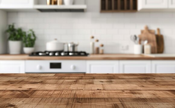A wooden table top on a blurred background of a kitchen counter (room).