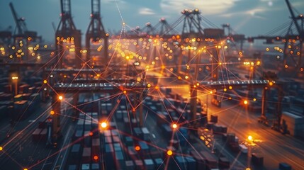 An illustration of a bustling container terminal at dusk, enhanced with digital network graphics symbolizing the integration of smart technology and logistics for efficient cargo handling.