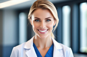 Beautiful female doctor with a snow-white smile. Beautiful white teeth, medicine and dentistry