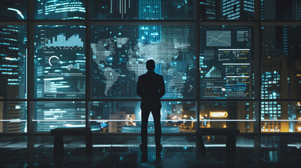 A man stands in front of a large, futuristic digital screen displaying various financial graphs, charts, and data analytics in an urban setting