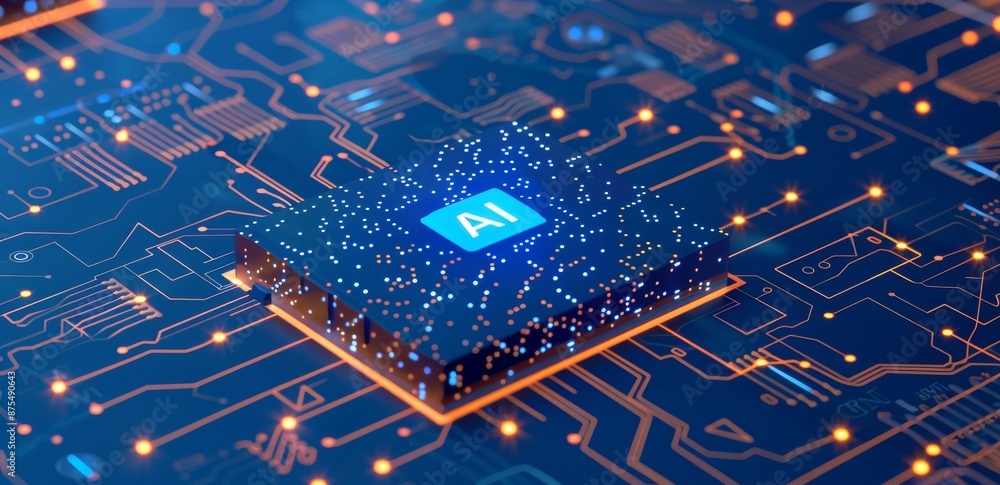 Poster digital illustration of ai chip on circuit board representing artificial intelligence technology