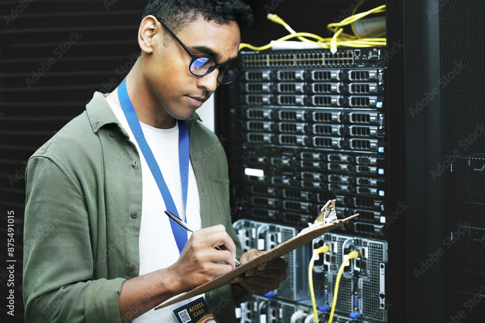 Poster Data center, man and computer engineer with checklist, writing and notes as programmer. Male person, inspection and technology for hardware, security and server room for system update or maintenance