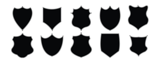 Shields set. Collection of security shield icons with contours and linear signs. Design elements for concept of safety and protection on white background in eps 10.