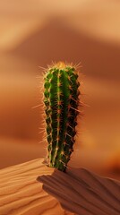 A lone green cactus stands determinedly in the middle of a vast sandy desert under the scorching sun. A green cactus contrasts with the arid and monochromatic scenery.