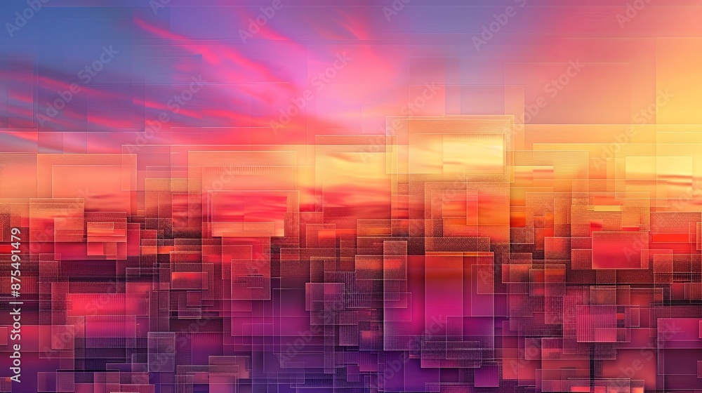Poster abstract pixelated gradient sunset landscape with vivid colors and geometric shapes