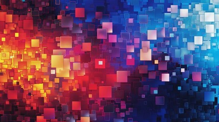 Abstract Pixelated Gradient Squares in Vibrant Red, Orange, Yellow, Blue, and Purple Hues