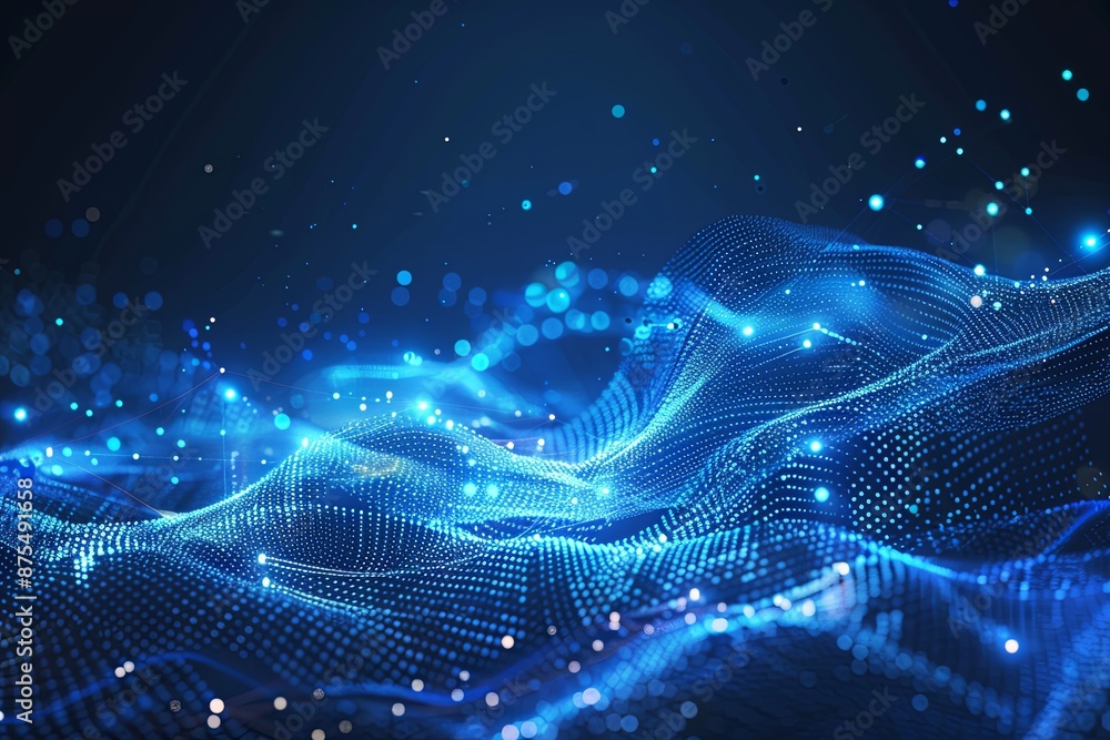 Poster abstract blue light waves and digital nodes on a technology communication background