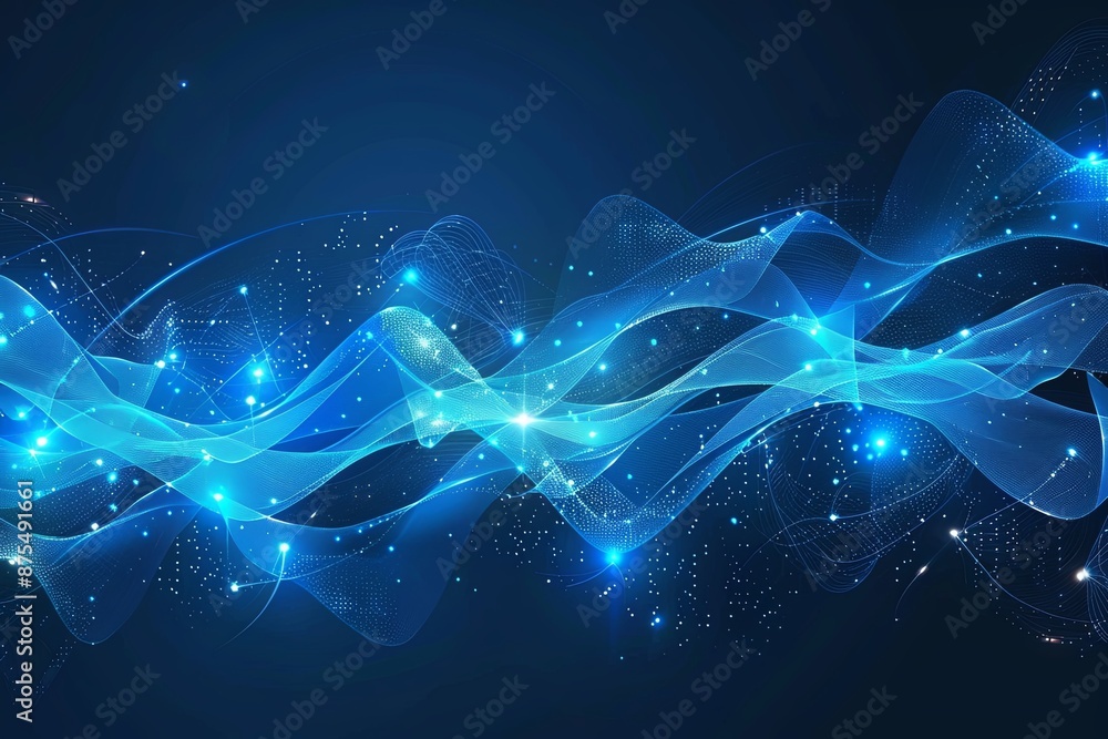 Poster abstract blue light waves and digital nodes in technology communication background