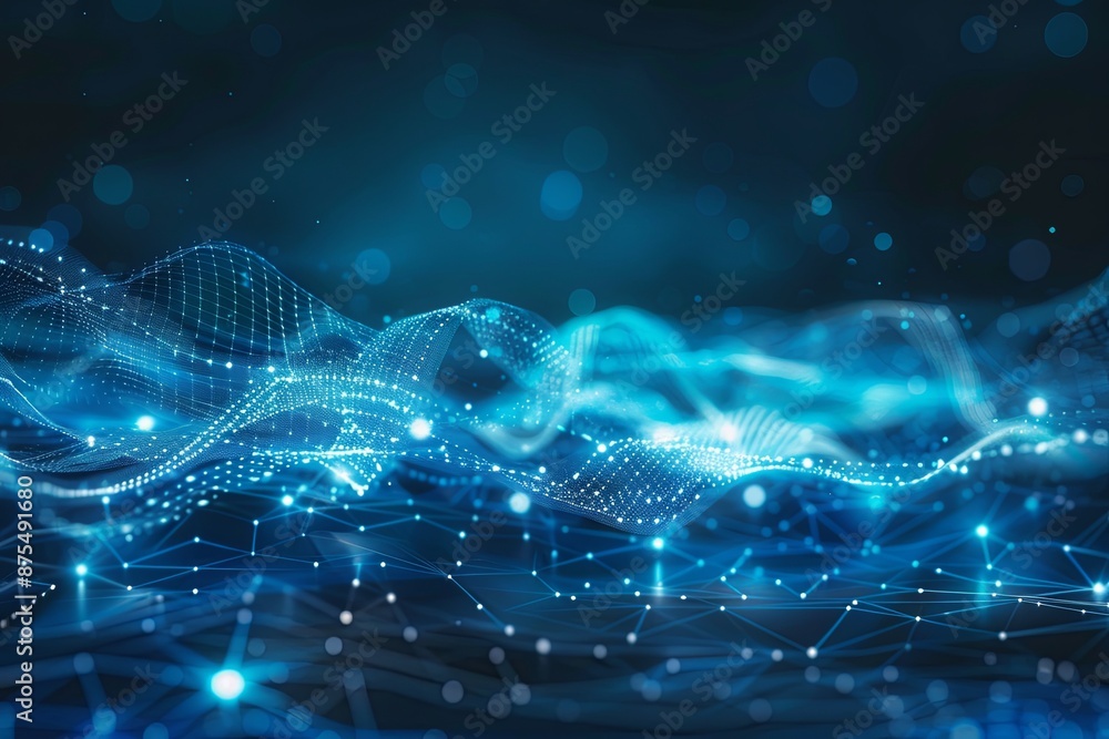 Poster abstract blue light waves and digital nodes representing technology communication