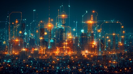 a futuristic city at night with illuminated buildings interconnected by glowing lines, symbolizing advanced urban construction and smart city technologies.