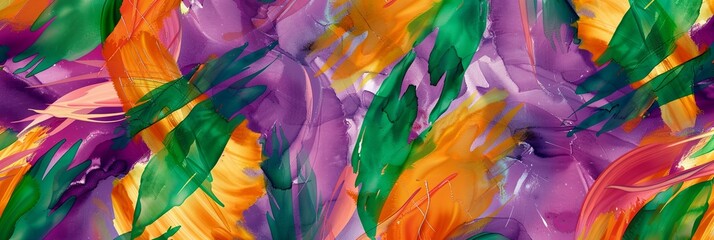 Abstract Watercolor Painting With Vibrant Purple, Green, Orange, And Yellow Brushstrokes