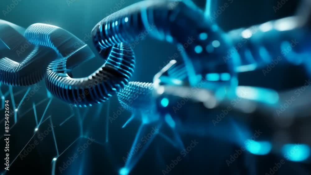 Poster digital blockchain chain links with blue glowing data and circuits