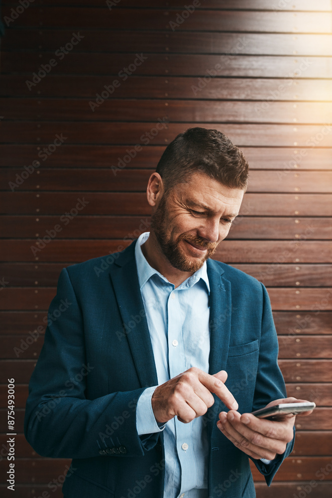 Wall mural Phone, communication and businessman reading email on corporate company merger networking. Cellphone, scroll and male financial advisor with information for asset investment with profit in city.