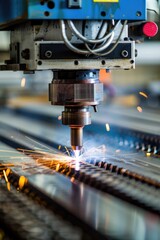 Metal being cut by a blue laser CNC