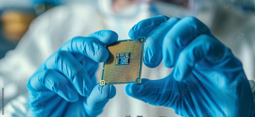 Poster close up of hands in blue gloves holding a computer microchip in a laboratory setting