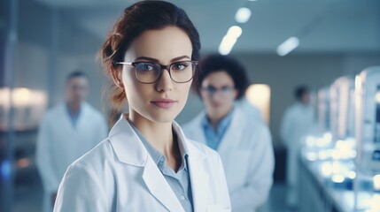 Fototapeta premium Beautiful young woman scientist wearing white coat and glasses in modern Medical Science Laboratory with Team of Specialists on background.