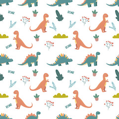 children pattern with dinosaurs, plants and the word 