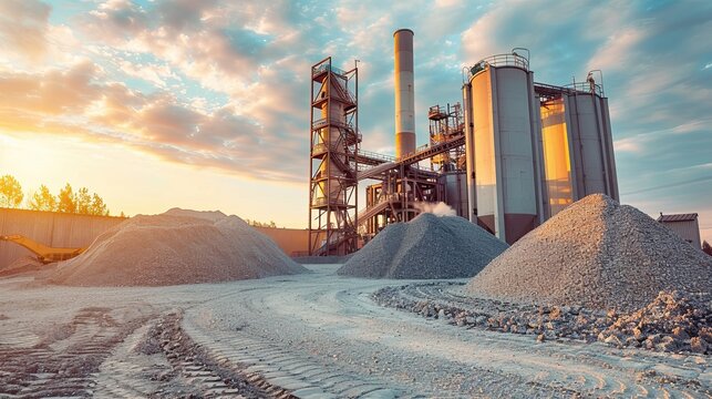 Industrial site with a large industrial building in the background and piles of rocks. Concrete, cement, gravel plant or stone crusher. Illustration for banner, poster, cover, brochure or presentation