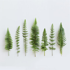 Fern leaves of varying lengths arranged in a row on an isolated white surface.