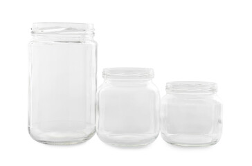 Many empty glass jars isolated on white