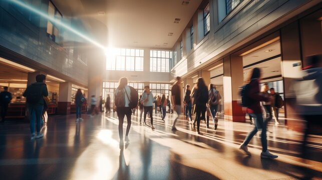 Blurred shot of high school students walking up the strs between classes in a busy school building