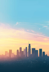 Obraz premium A beautiful sky with a distant city skyline, featuring pastel colors against a minimalistic, simple, light blue background, ideal for a mobile wallpaper