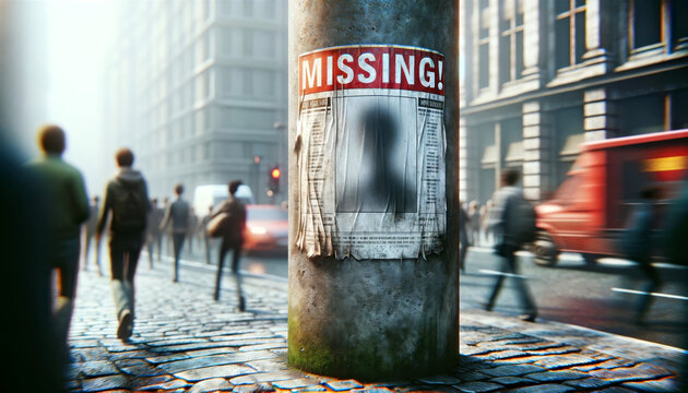Missing Person Poster on City Street Light Pole with Busy Pedestrians and Traffic. International day of the Disappeared
