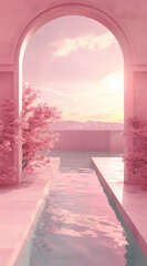 A minimalist architecture featuring an arched window against a backdrop of pink pastel tones, with a serene water pool reflecting the moon in the sky.