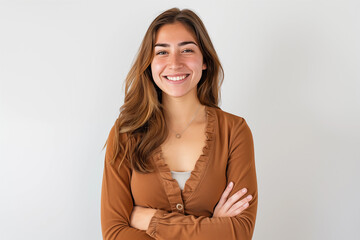 Obraz premium Portrait of authentic happy young woman against white background.