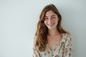 Obraz premium Portrait of authentic happy young woman against white background.