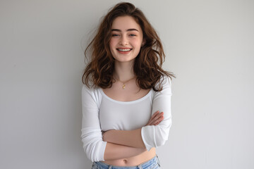 Naklejka premium Portrait of authentic happy young woman against white background.