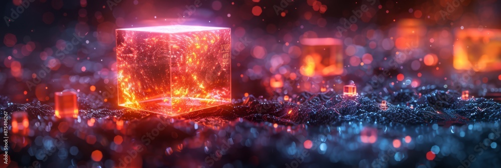 Poster glowing cube and particles in a digital landscape. digital art for technology and futuristic design.