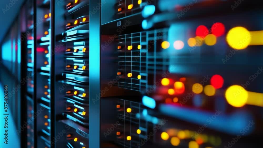 Poster modern data center with illuminated server racks