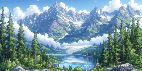 Spectacular Landscape with Majestic Snow-Capped Mountains, Pristine Pine Forests, and Serene Lake Under a Clear Blue Sky