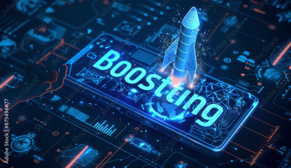 Poster futuristic digital interface with rocket launch visualizing technology boost concept